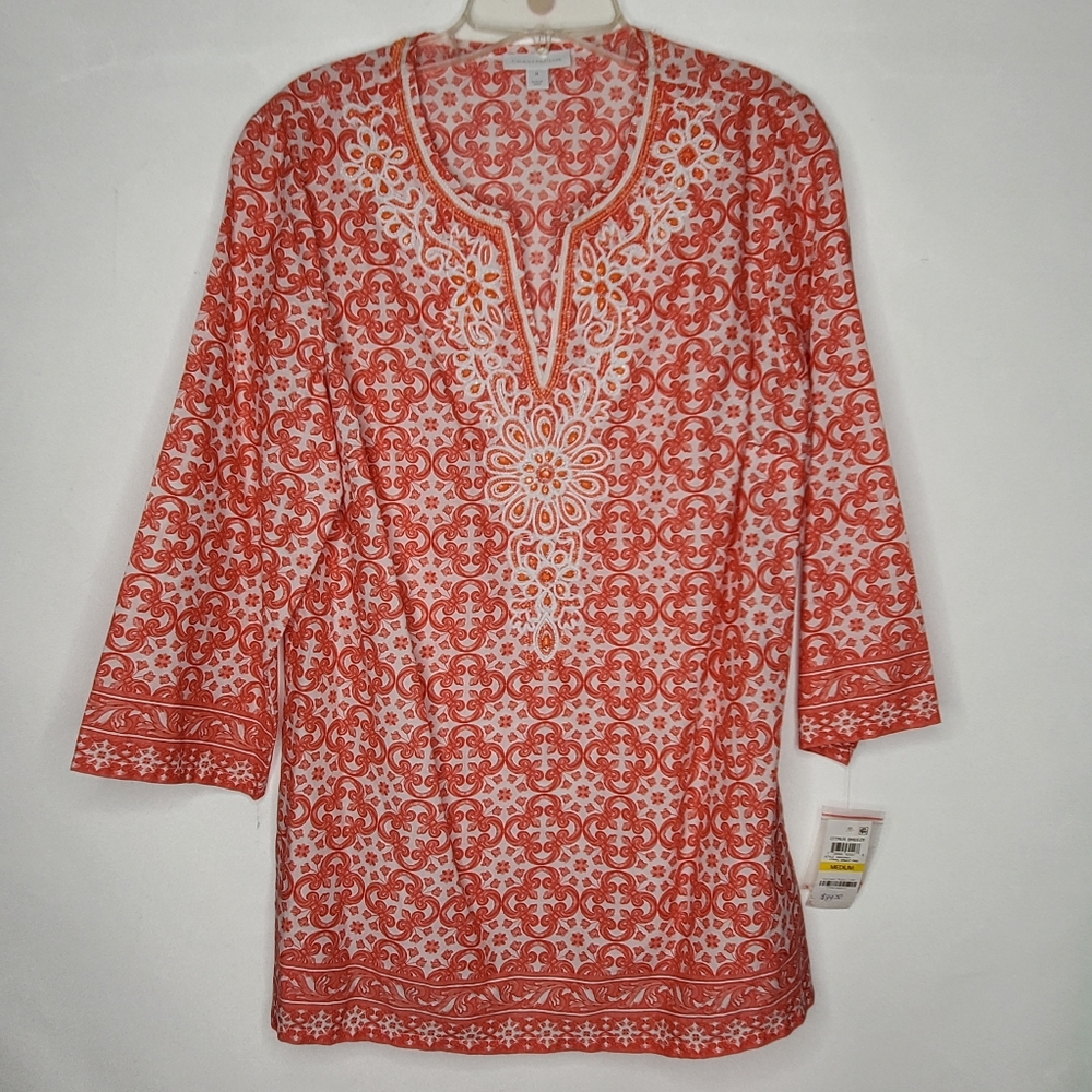 Charter Club Coral Breeze Tunic Top Womens M Beaded Embellished Citrus